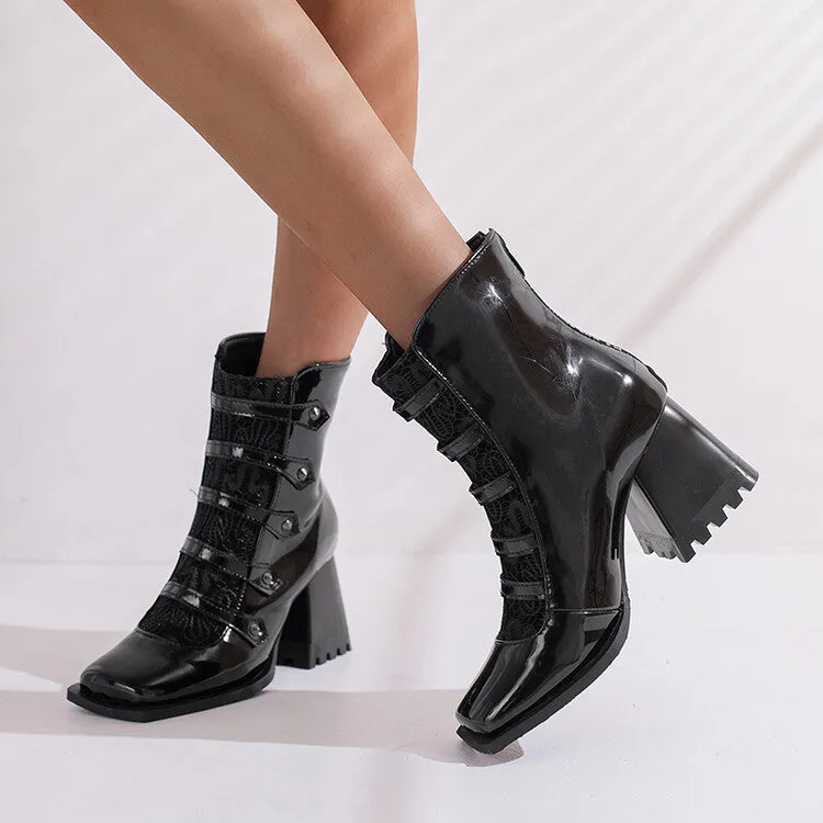 Women's Embossed Leather Rivets Block Heel Short Boots