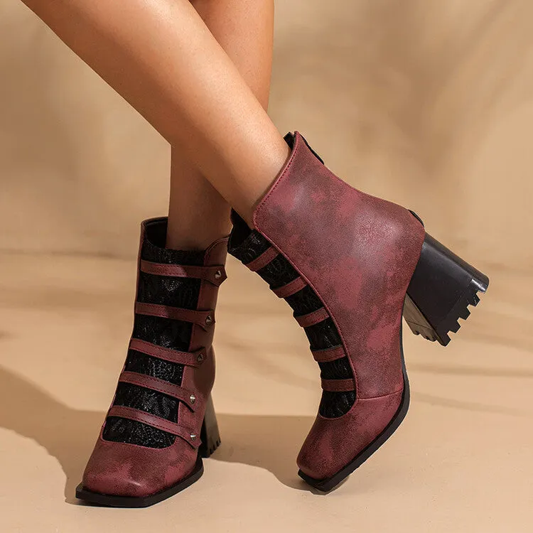 Women's Embossed Leather Rivets Block Heel Short Boots