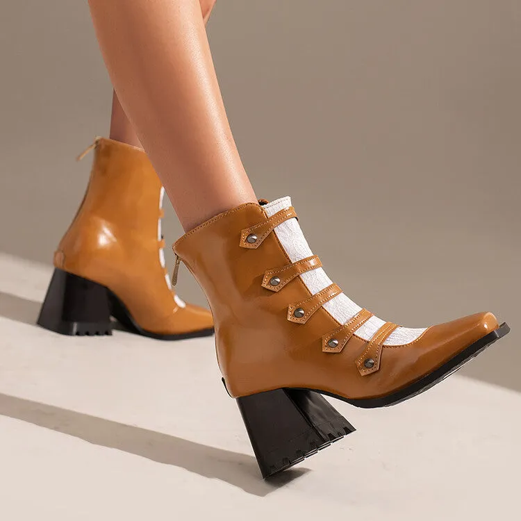 Women's Embossed Leather Rivets Block Heel Short Boots