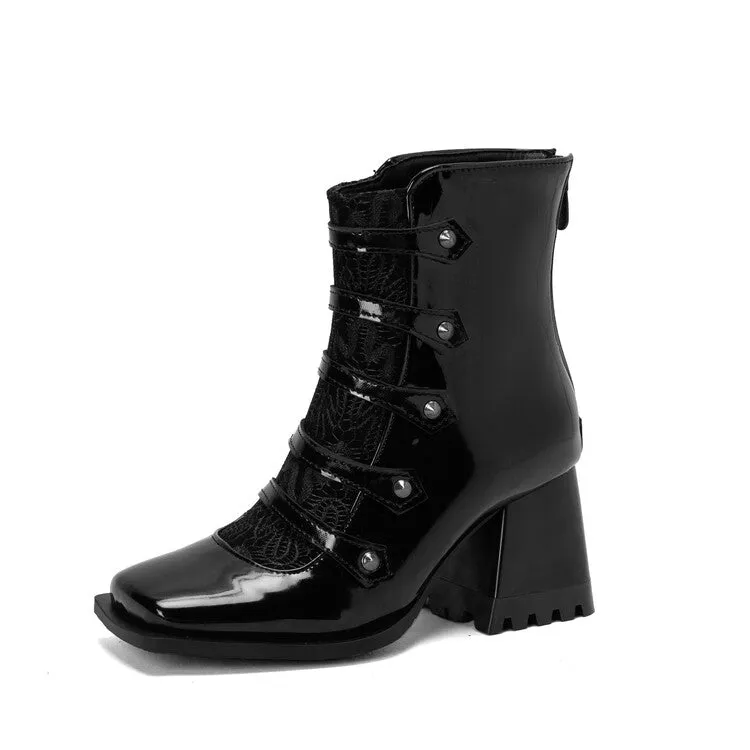 Women's Embossed Leather Rivets Block Heel Short Boots