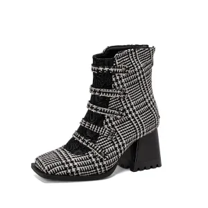 Women's Embossed Leather Rivets Block Heel Short Boots