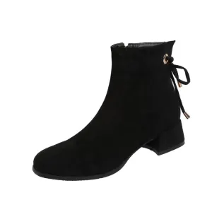 Women's Flock Side Zippers Lace-Up Block Chunky Heel Short Boots