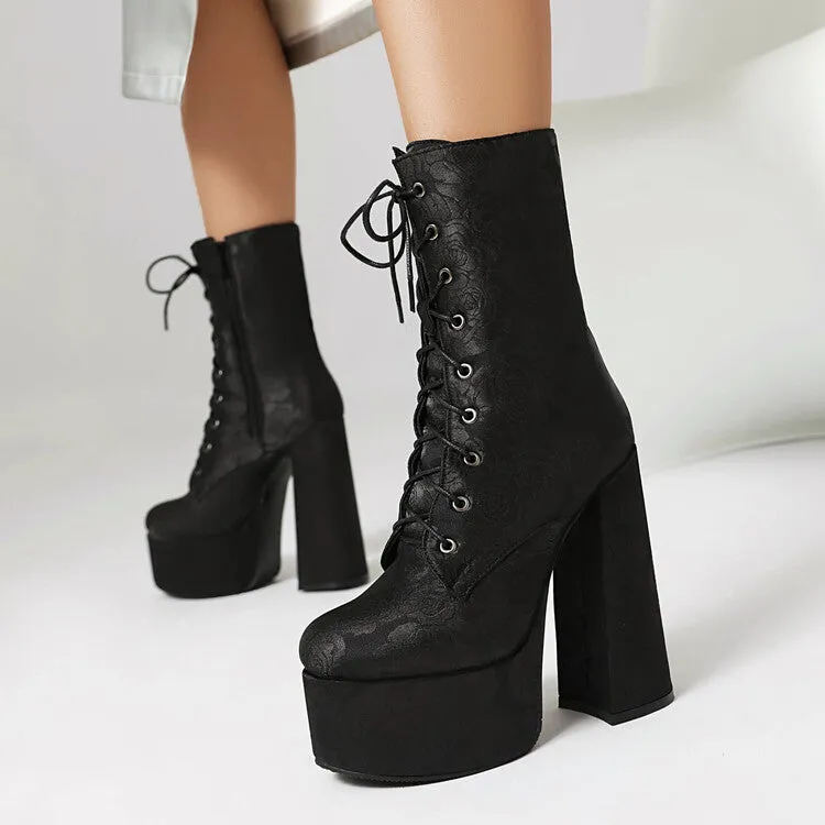Women's Lace-Up Round Toe Chunky Heel Platform Short Boots