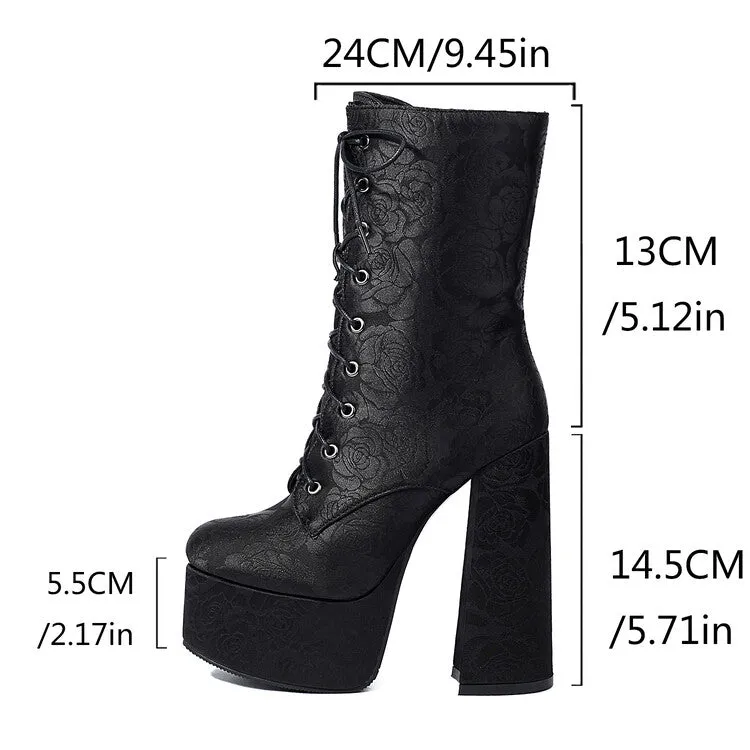 Women's Lace-Up Round Toe Chunky Heel Platform Short Boots