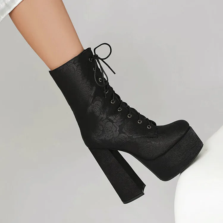 Women's Lace-Up Round Toe Chunky Heel Platform Short Boots