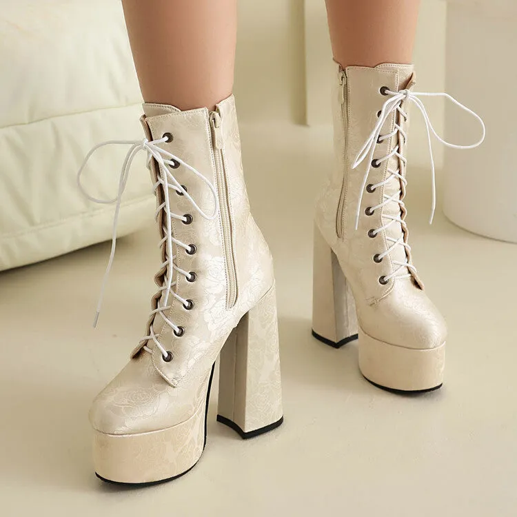 Women's Lace-Up Round Toe Chunky Heel Platform Short Boots