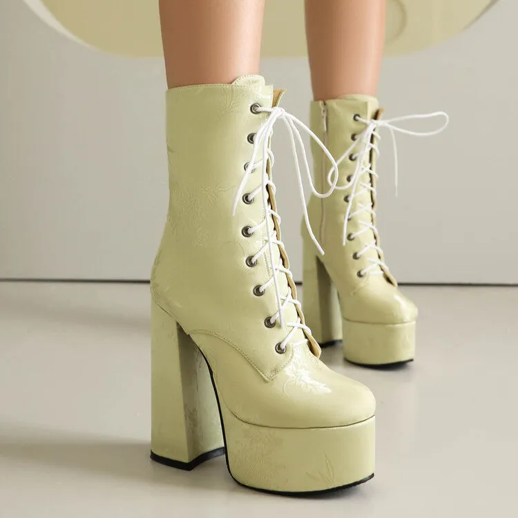 Women's Lace-Up Round Toe Chunky Heel Platform Short Boots
