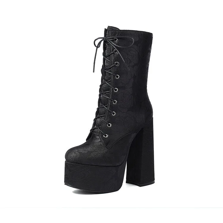 Women's Lace-Up Round Toe Chunky Heel Platform Short Boots