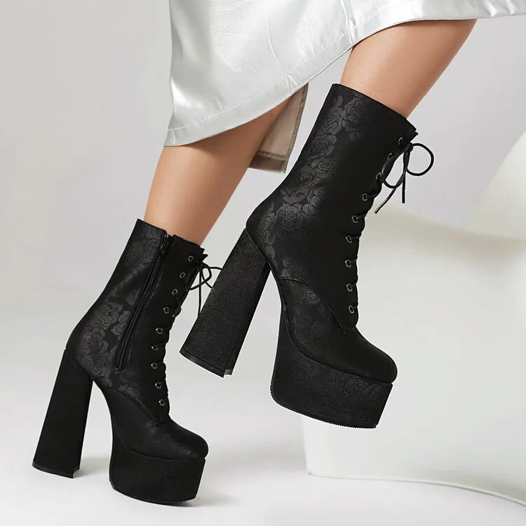 Women's Lace-Up Round Toe Chunky Heel Platform Short Boots