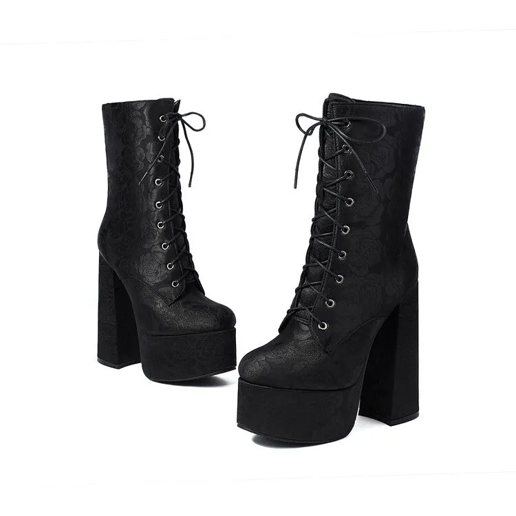 Women's Lace-Up Round Toe Chunky Heel Platform Short Boots