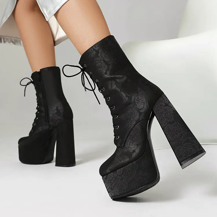 Women's Lace-Up Round Toe Chunky Heel Platform Short Boots