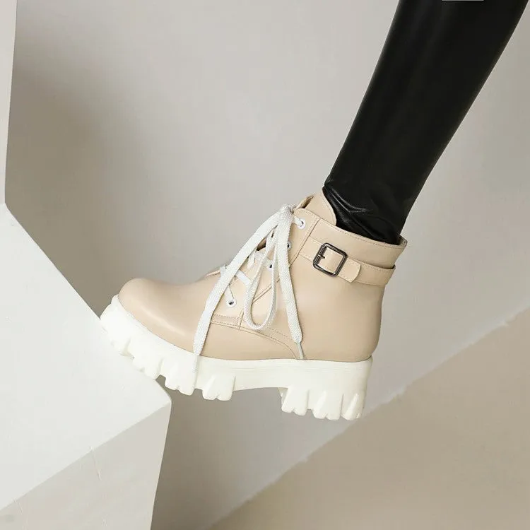 Women's Round Toe Lace Up Buckle Straps Block Chunky Heel Platform Short Boots