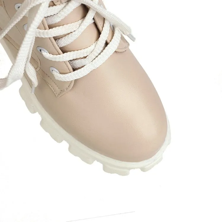 Women's Round Toe Lace Up Buckle Straps Block Chunky Heel Platform Short Boots