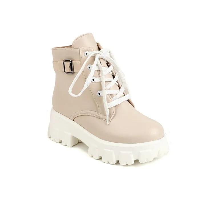 Women's Round Toe Lace Up Buckle Straps Block Chunky Heel Platform Short Boots