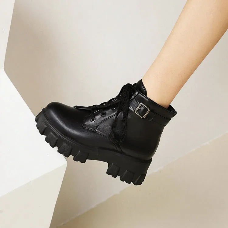 Women's Round Toe Lace Up Buckle Straps Block Chunky Heel Platform Short Boots