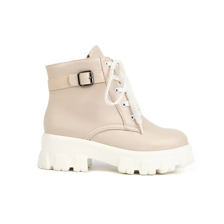 Women's Round Toe Lace Up Buckle Straps Block Chunky Heel Platform Short Boots