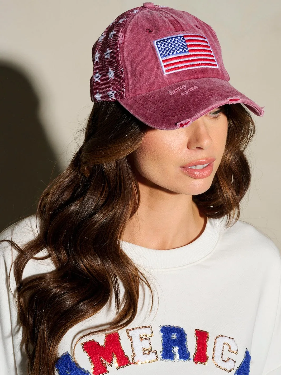 WOMEN'S WASHED DISTRESSED AMERICAN FLAG & STARS BASEBALL CAPS