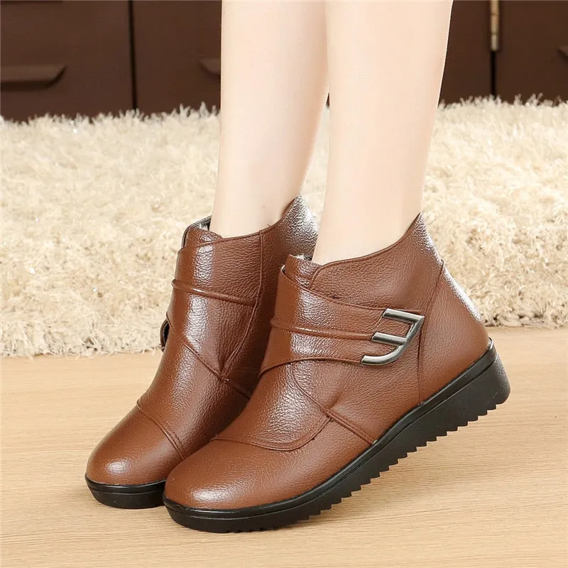 Wool Women Boots Genuine Leather Flat Ankle Boots