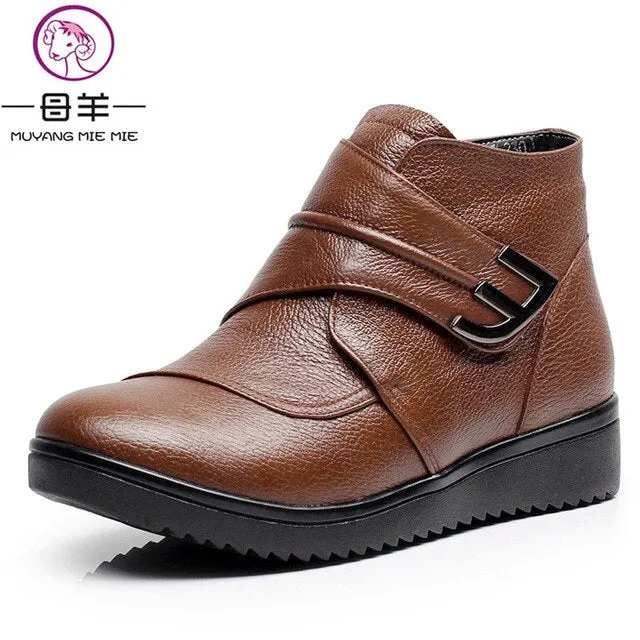 Wool Women Boots Genuine Leather Flat Ankle Boots