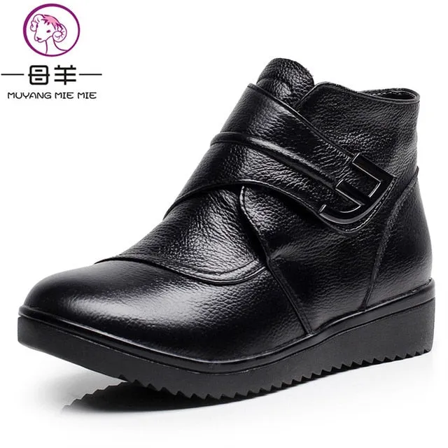 Wool Women Boots Genuine Leather Flat Ankle Boots