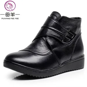 Wool Women Boots Genuine Leather Flat Ankle Boots