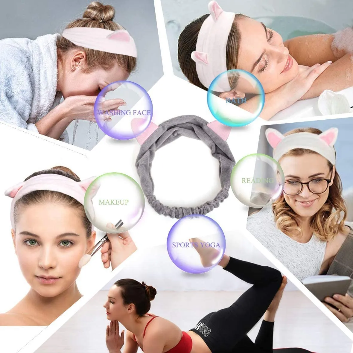 Xtrend 6 Pcs Cat Ear Headbands, Washing Face Shower Headbands, Fluffy Elastic Makeup Hairbands