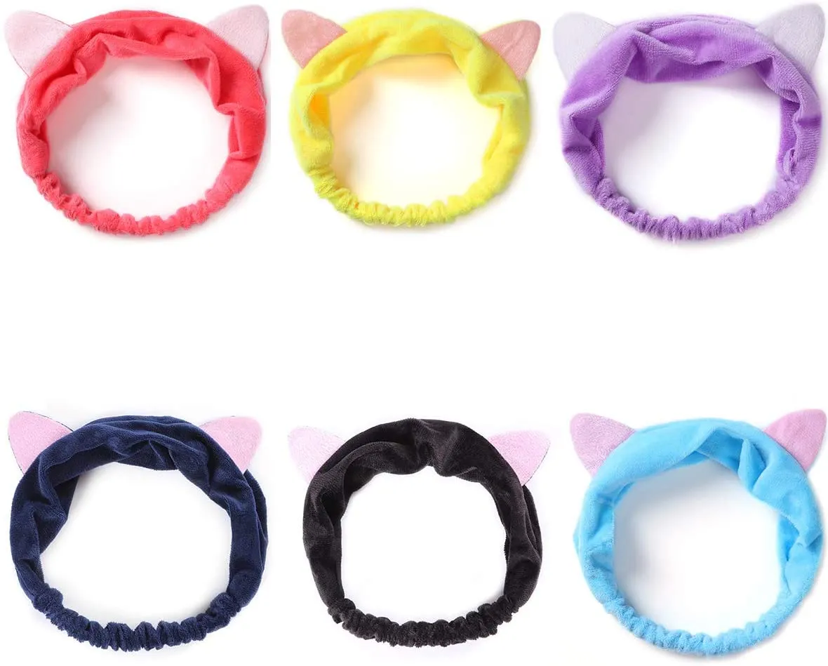 Xtrend 6 Pcs Cat Ear Headbands, Washing Face Shower Headbands, Fluffy Elastic Makeup Hairbands