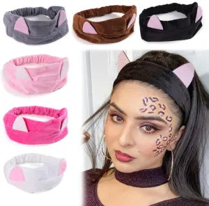Xtrend 6 Pcs Cat Ear Headbands, Washing Face Shower Headbands, Fluffy Elastic Makeup Hairbands