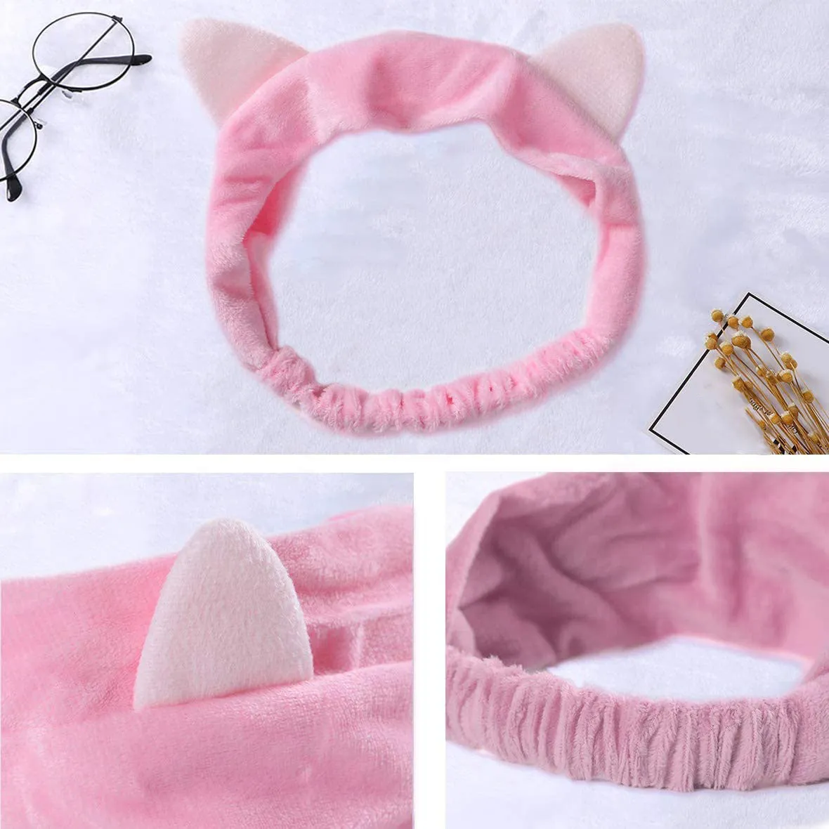 Xtrend 6 Pcs Cat Ear Headbands, Washing Face Shower Headbands, Fluffy Elastic Makeup Hairbands