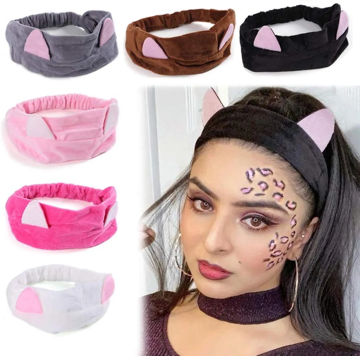Xtrend 6 Pcs Cat Ear Headbands, Washing Face Shower Headbands, Fluffy Elastic Makeup Hairbands