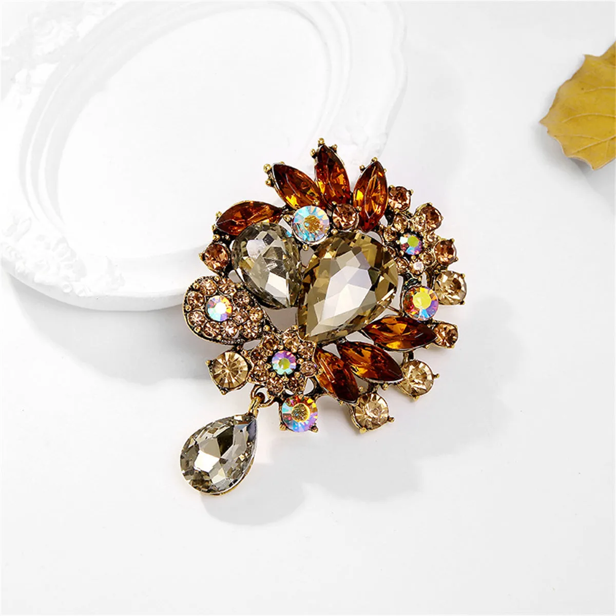 Yellow Crystal & Cubic Zirconia Botany Brooch
