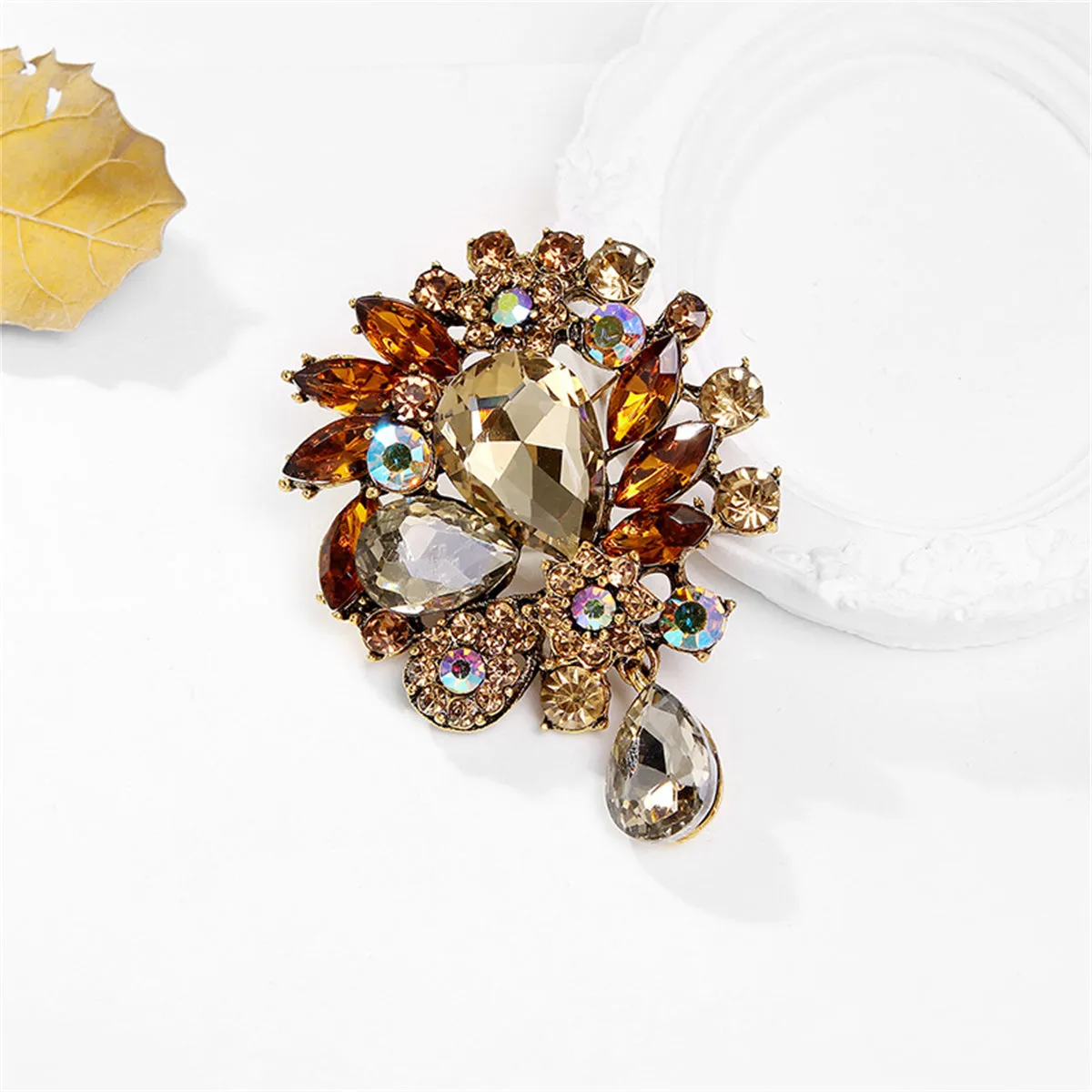 Yellow Crystal & Cubic Zirconia Botany Brooch