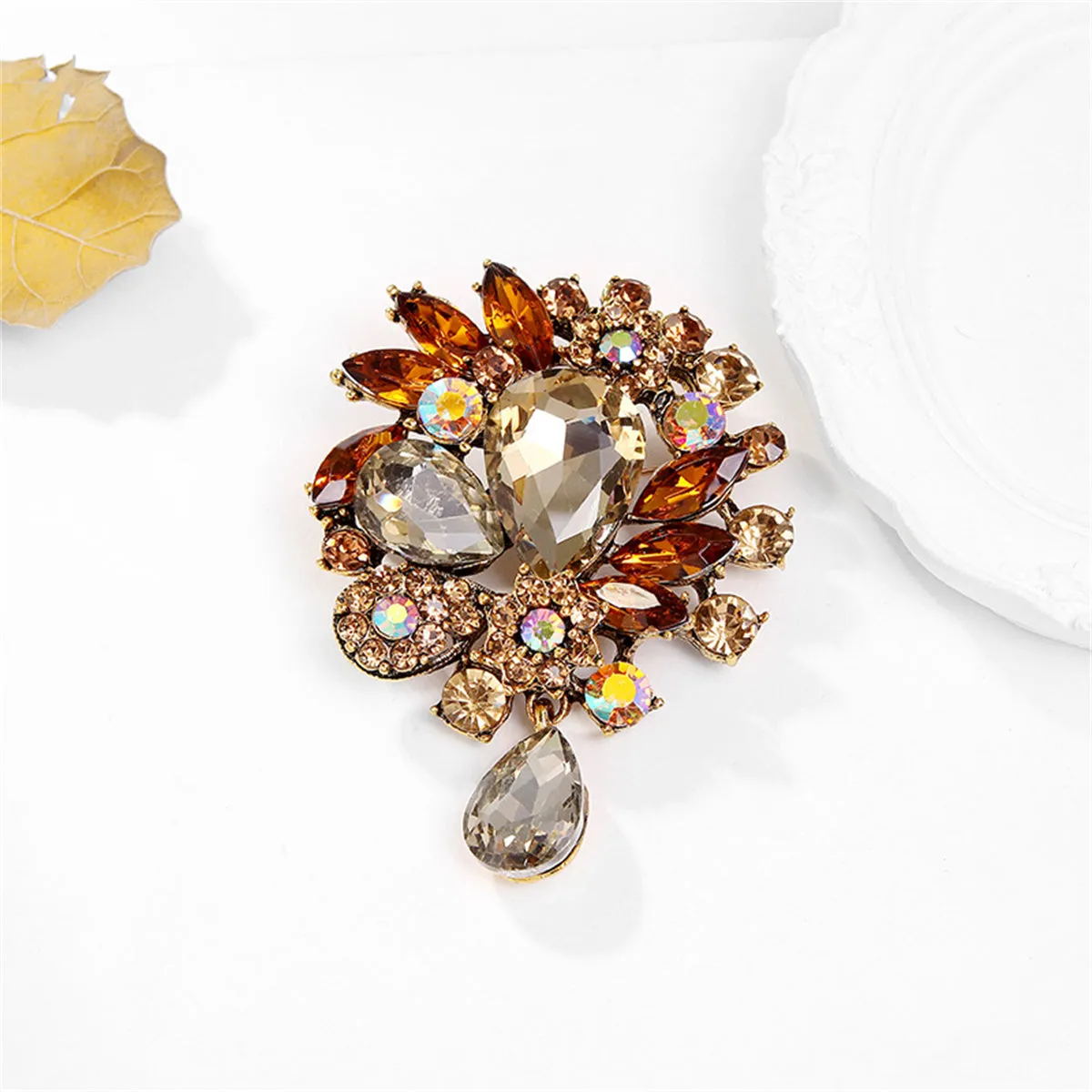 Yellow Crystal & Cubic Zirconia Botany Brooch